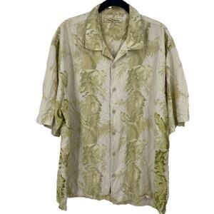 Tommy Bahama Silk Button Down Shirt Men's XL Green Tropical Fern Palm Print